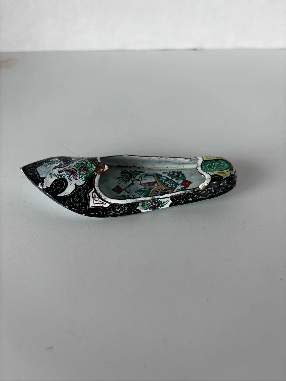 Vintage Hand-Painted Enameled Metal Shoe Shaped Ashtray